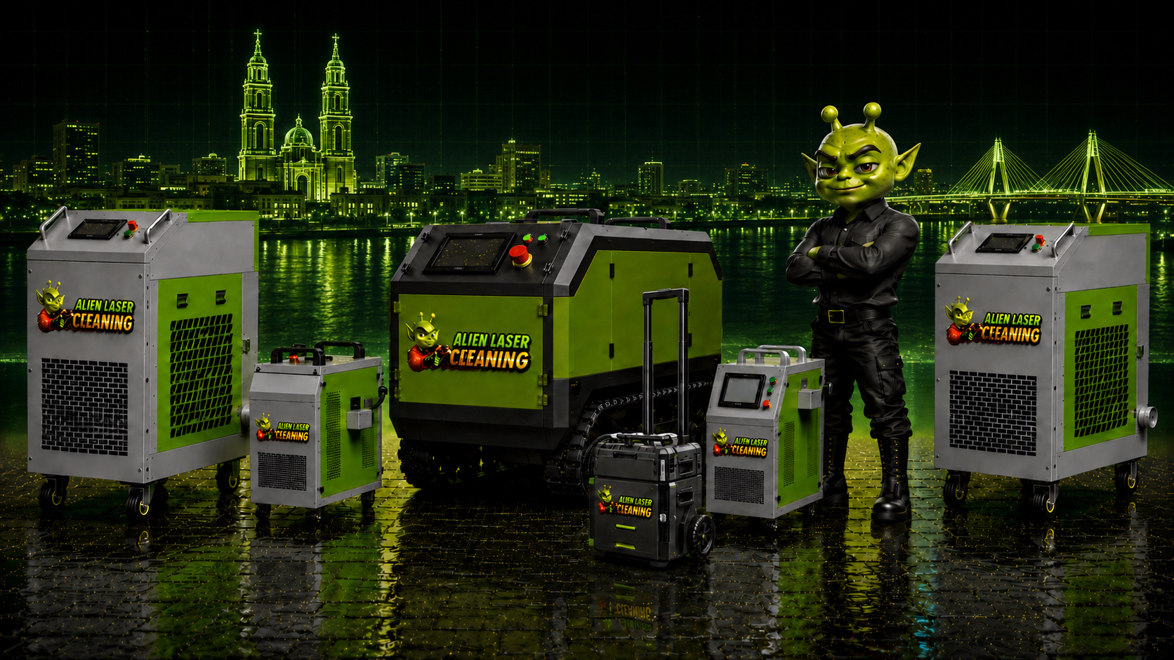 Laser cleaning machines and the Alien Laser Cleaning mascot in front of a futuristic Laredo skyline